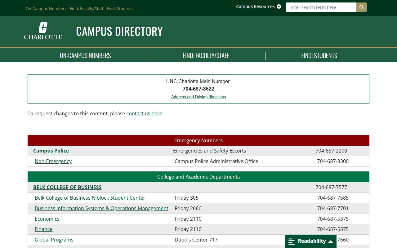 Charlotte phone numbers in the UNC Charlotte campus directory